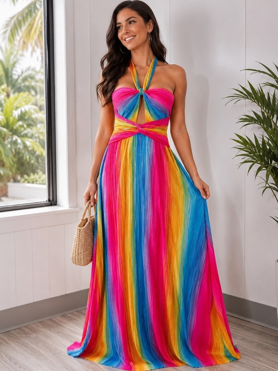 Dresses & Skirts - . Pretty Pop Super Colorful Rainbow Ribbed Flowy Halter Maxi Dress